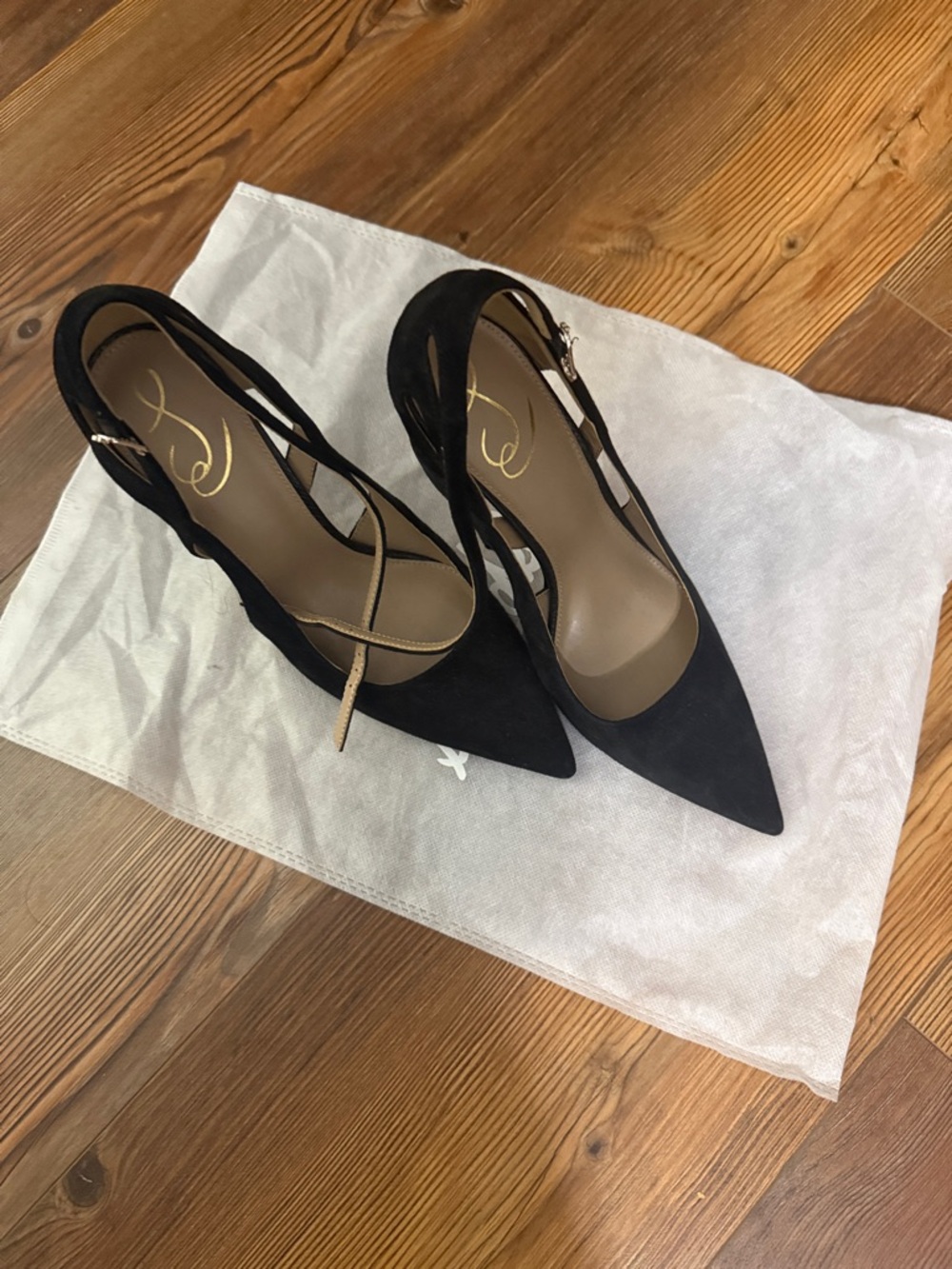 Sam Edelman Black Suede Pointed-Toe Cross-Strap Slingback Heels